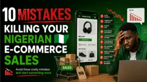 10 mistakes hurting Nigerian e-commerce sales, showing an online store, declining sales chart, shopping cart, and common conversion problems.